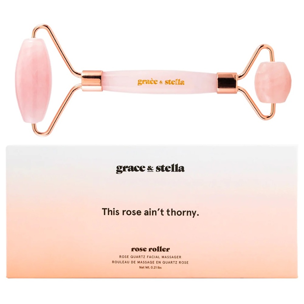 Rose Quartz Facial Roller by Grace & Stella in Pink and Rose Gold